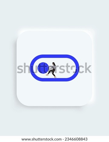 Collage. Toggle off icon, button for web, computer and mobile app. One businesswoman diligenty shifting one poin inside ellipse. Concept of web disign, digital education, gadgets, visual, art. Ad.