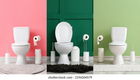 Collage with toilet bowls in restroom - Shutterstock ID 2196504579