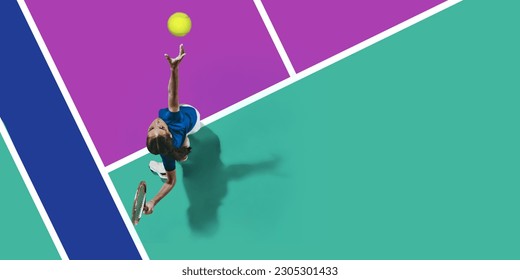 Collage. Top view image of young girl, tennis player in motion, training, playing against multicolored court. Serving ball with racket. Concept of sport, active lifestyle, competition, action, motion - Powered by Shutterstock