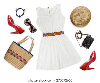 Collage of tourist clothing and accessories isolated on white - Shutterstock ID 273072668