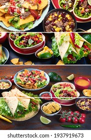 Collage of traditional Mexican food mix on dark background. 