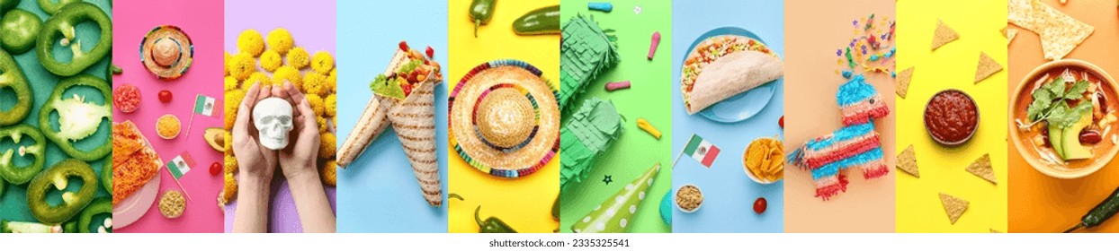 Collage of traditional Mexican food with pinatas and party decor on color background, top view
