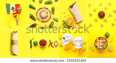 Collage of traditional Mexican food with sombrero, flag, maracas and skulls on yellow background, top view