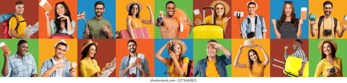 Collage for travelling, tourism, vacation concept, web-banner. Set of emotional photos of happy beautiful young people multiethnic men and women posing with passports, tickets, luggages, maps, cameras - Shutterstock ID 2271662821