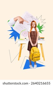 Collage trend artwork composite sketch poster of confused young lady stand hnad finger point text folse loser fall knowledge learn pupil