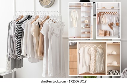 Collage of trendy clothes in dressing rooms. Concept of stylist