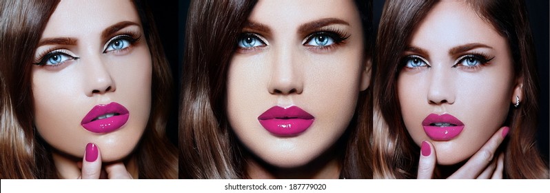  Collage Of Triple Image Of The Same Model High Fashion Look.glamor Closeup Portrait Of Beautiful Sexy Stylish Caucasian Young Woman With Bright Makeup, With Pink Lips,  With Perfect Clean Skin