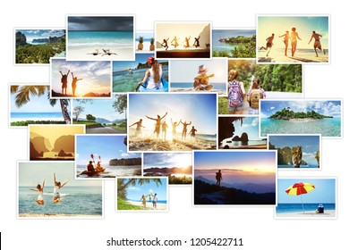 Collage Of Tropical Photos With Landscapes And Peoples. Sea Vacations Concept