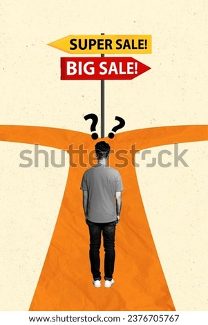 Collage of two different ways direction pointer signboard funny man guess which sale he could choose isolated on beige color background