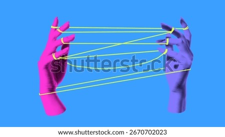 Collage of two hands tied with string pattern symbol of play communication and complexity. Concept of early learning, social interaction, teamwork, cultural symbolism and childhood activity.