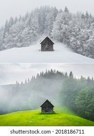 Collage Of Two Images Of A Wooden Cabin In The Forest In Different Seasons - Summer And Winter. Fantastic Winter Landscape With Wooden House In Snowy Mountains. Old Hut In Lush Green Foggy Forest