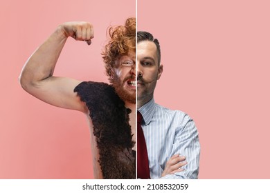 Collage Of Two Men, Neanderthal Person And Businessman, Office Employee Isolated Over Pink Background. Half-face Portraits. Concept Of Lifestyle, Art, Profession, Occupation, History And Ad