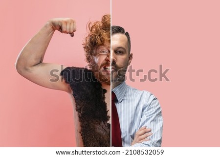 Collage of two men, neanderthal person and businessman, office employee isolated over pink background. Half-face portraits. Concept of lifestyle, art, profession, occupation, history and ad