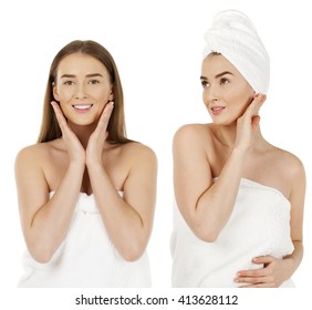 Collage two models. Portrait of a bared beautiful women getting ready for the spa treatment, isolated on a white background, please see some of my other parts of a body images