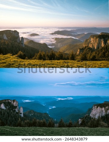 Collage of two photos from the same angle, one taken in the morning at sunrise, the other in the evening after sunset. Day and night concept. Ceahlau National Park Romania view from top.
