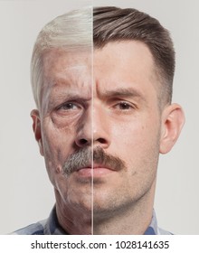 Collage of two portraits of the same old and young man. Face lifting, aging and skincare concept for men. Comparison between old and young faces. Youth and old age. Process of aging and rejuvenation