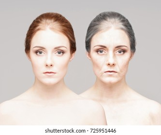 Collage Of Two Portraits Of The Same Old Girl And Young Girl. Face Lifting, Aging And Skincare Concept.