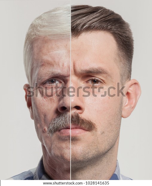 Collage of two portraits of the same old and\
young man. Face lifting, aging and skincare concept for men.\
Comparison between old and young faces. Youth and old age. Process\
of aging and\
rejuvenation