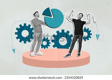 Collage of two young business people coworkers achieve part diagram pie chart their startup innovation done isolated on blue background