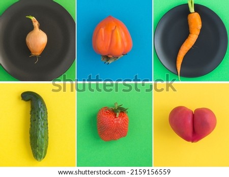 Collage of ugly fruit and vegetable on the colored  background. Top view.