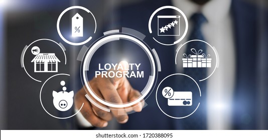 Collage with unrecognizable businessman pressing loyalty program button on virtual screen, panorama