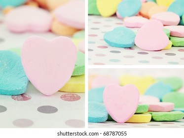 Collage Of Valentine's Day Heart Shaped Candy With Selective Focus. Some Blur In Foreground. Blank For Your Copy Space.