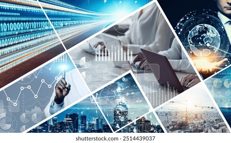 Collage of various business and technology concepts. Wide angle visual for banners or advertisements.