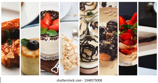 Collage of various delicious sweets and desserts, restaurant menu composition