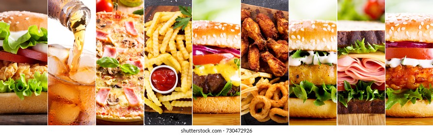 collage of various fast food products and drinks - Shutterstock ID 730472926