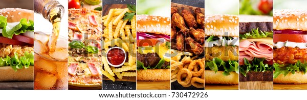 collage of\
various fast food products and\
drinks