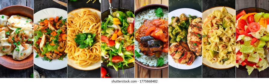 Collage of various food. Meat dishes and vegetable dishes. Menu. Food on the plates.