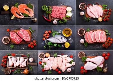 Collage Of Various Fresh Meat, Chicken And Fish, Top View