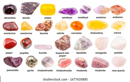 collage of various gemstones with names (bauxite, kunzite, piemontite, rhodochrosite, quartz, carnelian, cornelian, petalite, morganite, vorobyevite, pink, beryl, chalcedony, etc) isolated on white - Shutterstock ID 1677635800