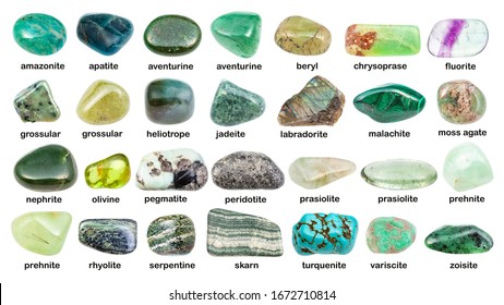 collage of various green gemstones with names (malachite, prehnite, chrysoprase, skarn, grossular, prasiolite, apatite, turquenite, bperidot, jadeite, nephrite, peridotite, etc) isolated on white - Shutterstock ID 1672710814