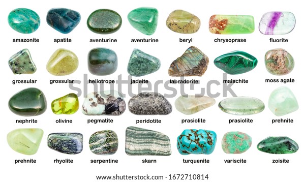 collage of various green gemstones with names\
(malachite, prehnite, chrysoprase, skarn, grossular, prasiolite,\
apatite, turquenite, bperidot, jadeite, nephrite, peridotite, etc)\
isolated on white