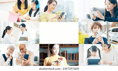 A collage of various mobile device usage scenes. Transition from a white background. Title template.
