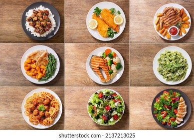 collage of various plates of food on wooden background, top view - Shutterstock ID 2137213025