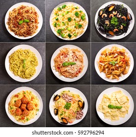 collage of various plates of pasta on dark background, top view - Powered by Shutterstock - Get 15% off with code: PIKWIZARD15