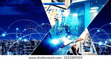 A collage of various technological concepts. Wide angle visual for banners or advertisements.