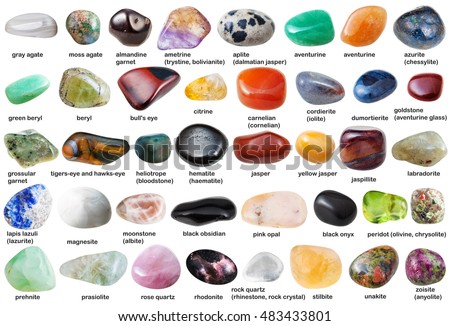 collage from various tumbled gemstones with names isolated on white background