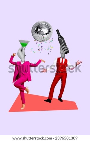 Collage vertical 3d image of weird faceless elegant beautiful couple celebrate new year birthday party isolated on drawing background
