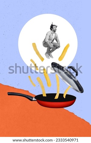Collage vertical picture illustration calories portion unhealthy vegetable drying pan french fries culinary isolated on blue background