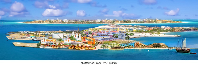 Collage from views of Oranjestad at Aruba - beautiful Caribbean island.