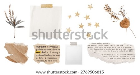A collage of vintage elements: torn paper, dried flowers, gold stars, and a wax seal, ideal for creative or nostalgic projects.