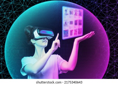 Collage of virtual reality. Portrait of young woman in VR glasses choice food at internet shop, point at digital screen. digital sphere. The concept of metaverse and online shopping.