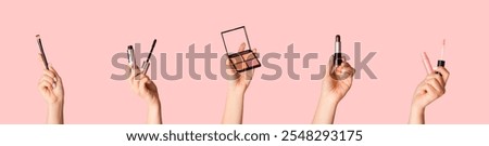 Collage with visagiste presenting different makeup products on pink background, closeup of hands. Panorama