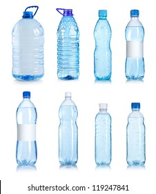 Collage of water bottles isolated on a white background