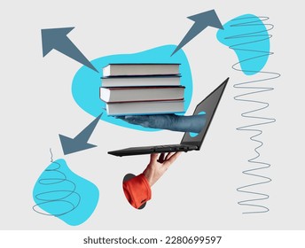 A collage where hands hold a laptop and books as a symbol of online learning. - Shutterstock ID 2280699597