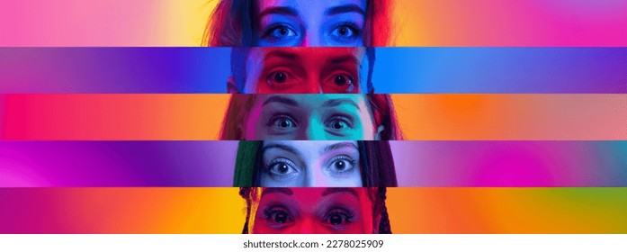 Collage. Widely open. Close-up image of female eyes placed on narrow stripes over multicolored background in neon light. Concept of human diversity, emotions, equality, human rights, youth - Shutterstock ID 2278025909