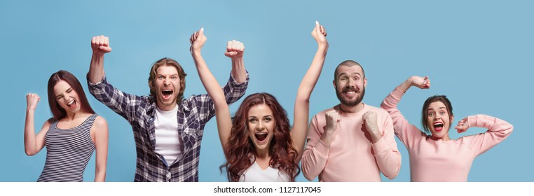 Collage of winning success happy men and women celebrating being a winner. Dynamic image of caucasian male and female models on blue studio background. Victory, delight concept. Human facial emotions
